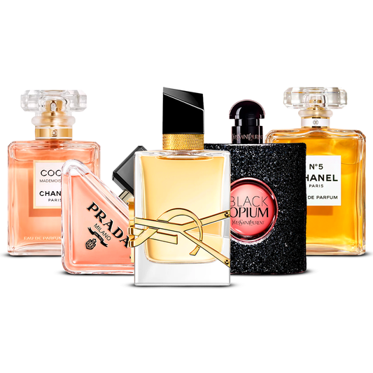 Kombinace 5 dámských parfémů – Coco Mademoiselle, Prada Paradoxe, Libre, Black Opium a Chanel N°5 [každý 100 ml]